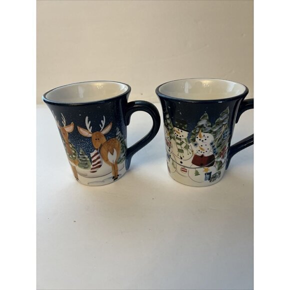 Pair Hand Painted Collectible ND Ceramic Christmas Coffee Mug  Reindeer Snowman - Picture 8 of 8